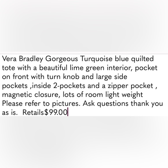 NWTS-Vera Bradley’s Tote Quilted Turquoise blue & lime green signature lining - Picture 7 of 7